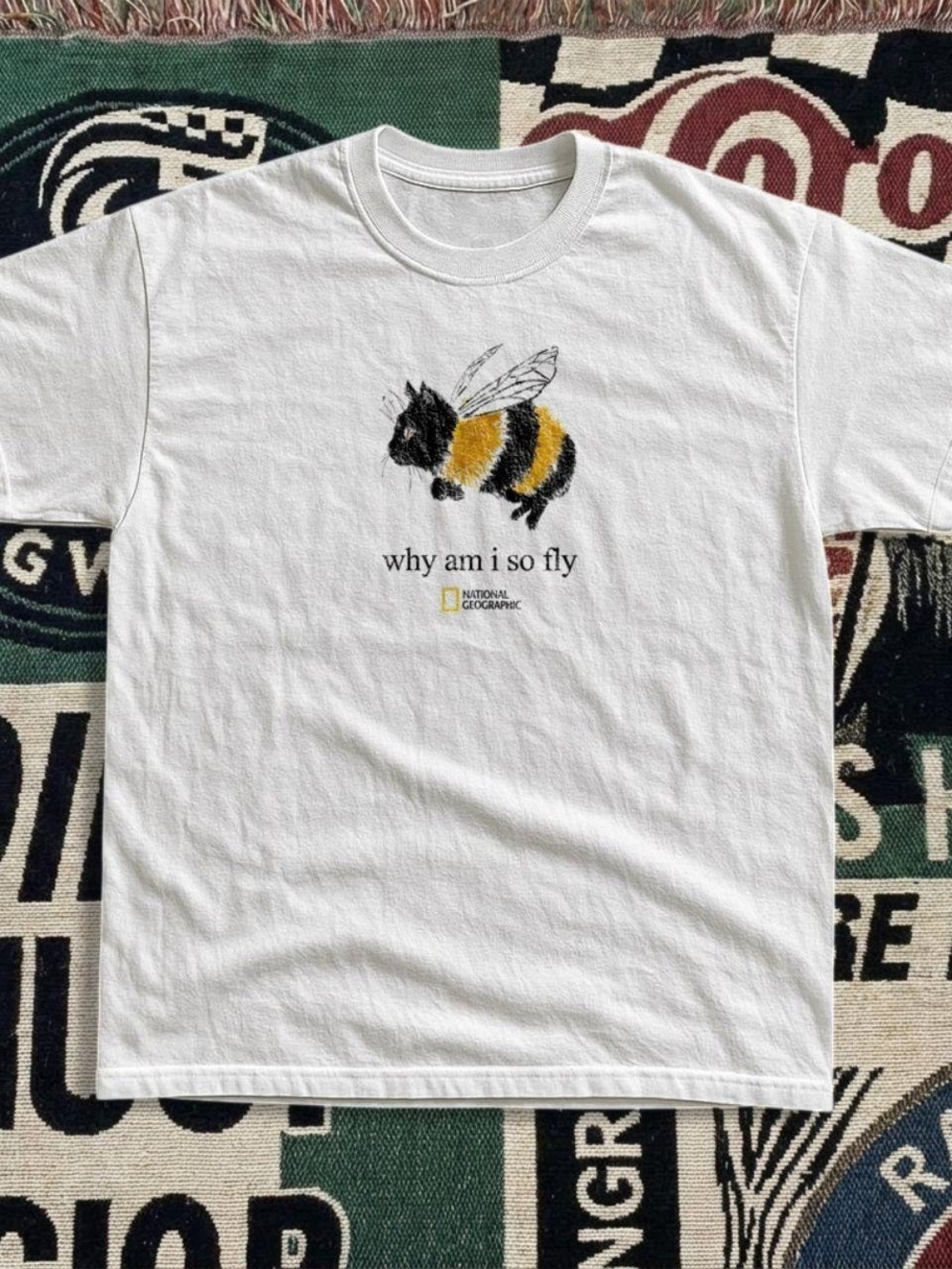 White National Geographic Cat Bee why Am I So Fly T shirt